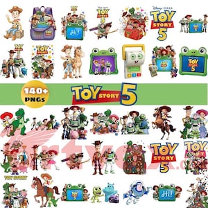 May include: A digital collection of 140+ PNG graphics featuring Toy Story 5 characters including Woody, Buzz Lightyear, Jessie, and Bullseye. The images display various scenes, logos, and character groupings with bright colours and clear text.