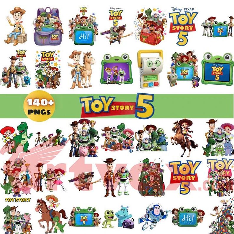 May include: A digital collection of 140+ PNG graphics featuring Toy Story 5 characters including Woody, Buzz Lightyear, Jessie, and Bullseye. The images display various scenes, logos, and character groupings with bright colours and clear text.