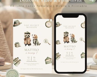 Vídeo de invitación de detective | Invitación digital de cumpleaños de mapache | Invitación de cumpleaños infantil imprimible | Plantilla personalizada de Canva