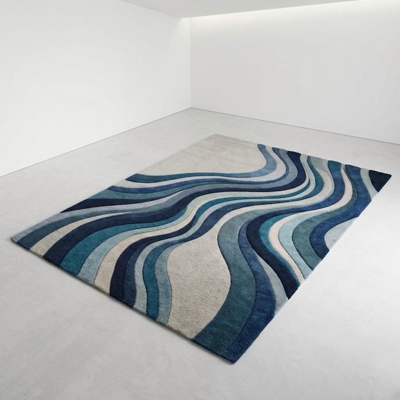 Contemporary Rug Blue Modern Wavy Blue Abstract Rug | Living Room Contemporary Hallway Carpet ...