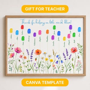 Puede incluir: Una impresión enmarcada con el texto "Thanks for helping our little minds bloom!" y arte de huellas dactilares de colores. La impresión presenta un borde floral de acuarela con nombres debajo de las huellas dactilares. La pancarta superior dice "GIFT FOR TEACHER".