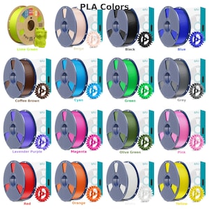 May include: A collection of PLA filament spools in various colors, including lime green, beige, black, blue, coffee brown, cyan, green, grey, lavender purple, magenta, olive green, pink, red, orange, white, and yellow. The text "PLA Colors" is at the top.