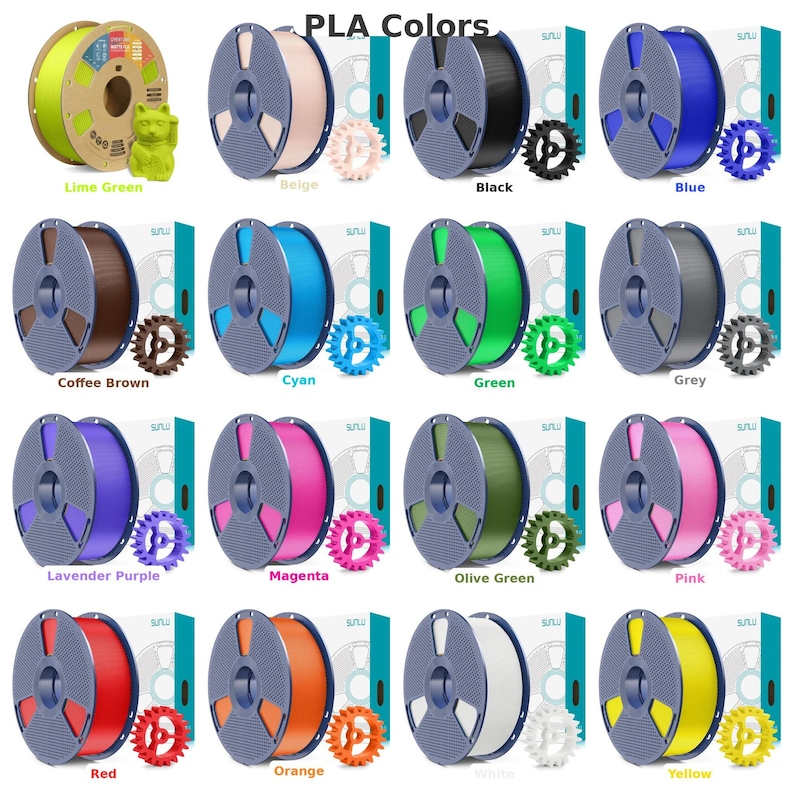 May include: A collection of PLA filament spools in various colors, including lime green, beige, black, blue, coffee brown, cyan, green, grey, lavender purple, magenta, olive green, pink, red, orange, white, and yellow. The text "PLA Colors" is at the top.