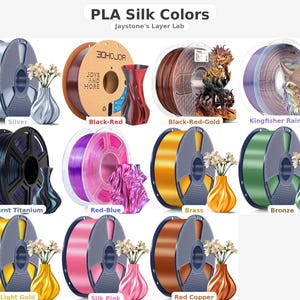 May include: A display of PLA silk filament spools in various colors, including silver, black-red, and light gold. Each spool is paired with a decorative vase holding white flowers. The text "PLA Silk Colors" and "Jaystone's Layer Lab" are at the top.