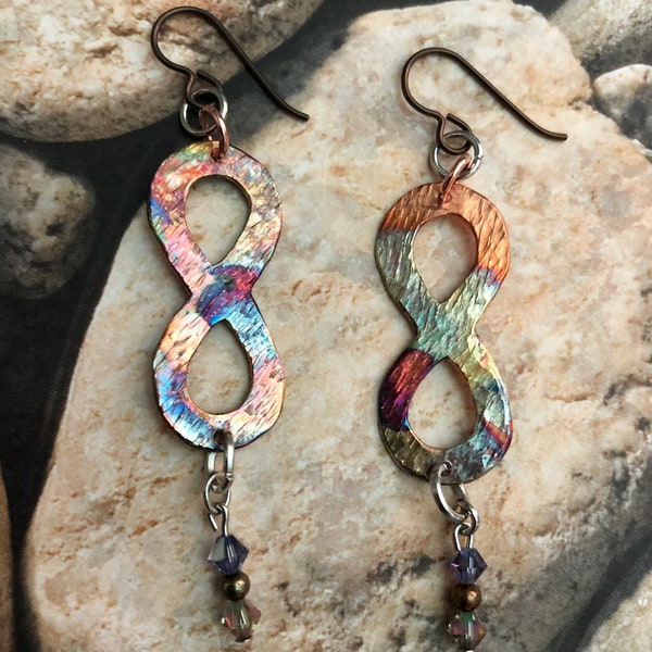 INFINITY... torched copper , textured , bohemian , hippie , Swarovski crystals