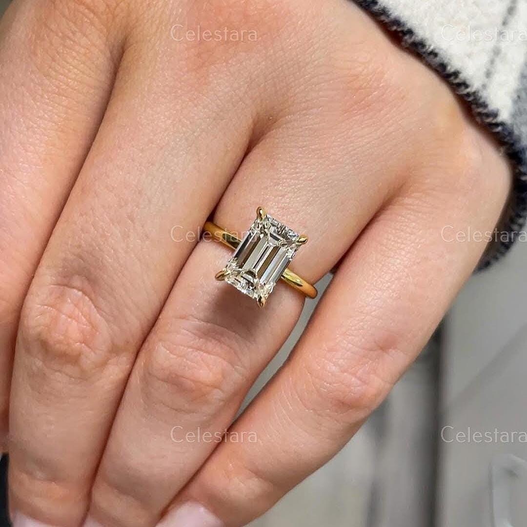 3 Carat Emerald Cut Lab Grown Diamond Engagement Ring | 14k Yellow Gold ...