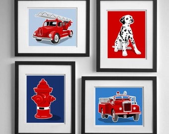 Vintage Fire Truck art - PRINTABLES - Set of 4 instant digital downloads - boys fireman nursery decor