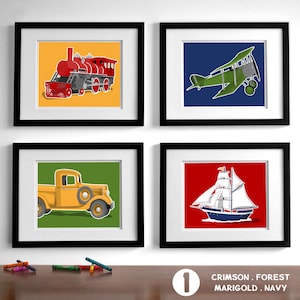 Vintage transportation wall art - set of four - airplane, truck, train, boat artwork for boys nursery