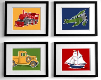 Vintage transportation wall art - set of four - airplane, truck, train, boat artwork for boys nursery