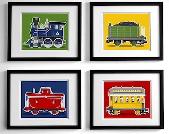 Classic railroad train nursery artwork - set of 4 printed unframed boy art prints - railway steam engine nursery art prints