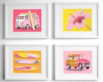 Girls pink surf art prints - custom color set of four - Tropical beach baby nursery decor