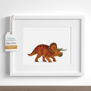 Triceratops Dinosaur Nursery Art, children's unframed print Bright orange Toddler Baby Room Artwork for boys or girls Orange