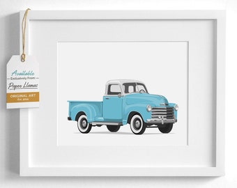 Boys vintage truck print - White Top Pickup - Blue or pick your own color - children's transportation wall art