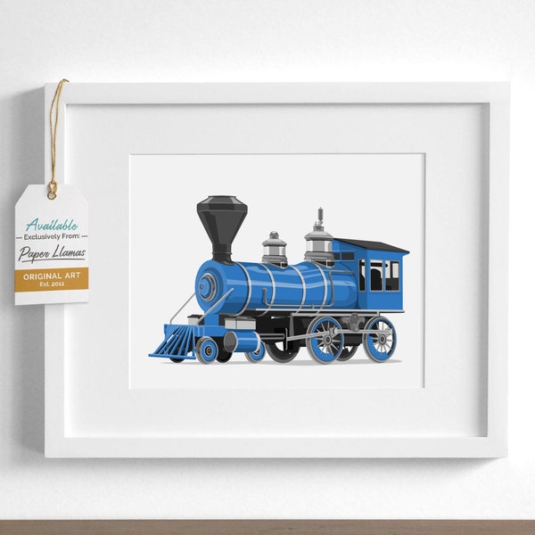 Boys Vintage Train wall art print - Blue or pick your own color - Children's railroad locomotive art