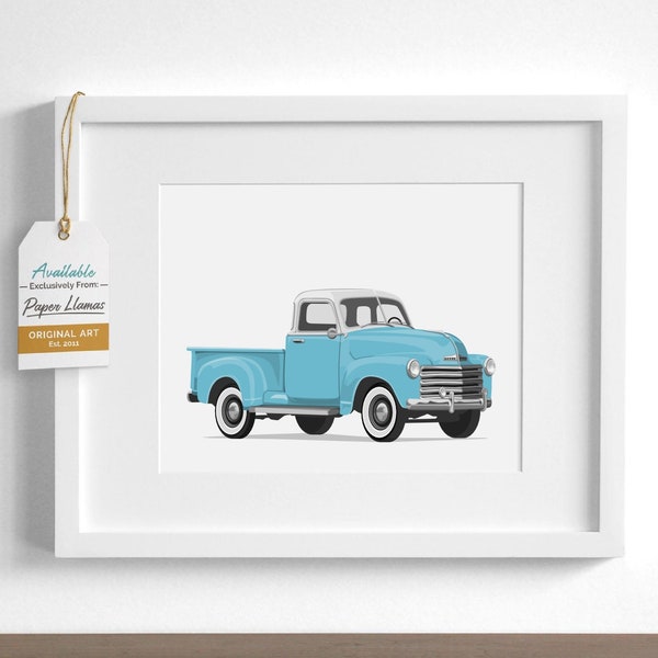 Boys vintage truck print - White Top Pickup - Blue or pick your own color - children's transportation wall art