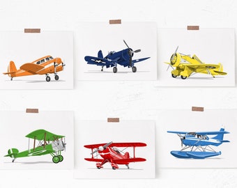Airplane nursery art - set of six unframed art prints - Vintage plane art for boys
