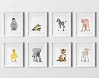 Animal Art prints, set of eight unframed prints - Baby zoo animal nursery decor - Neutral minimalist children's art