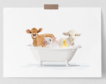 Farm Animals in a Bathtub - PRINTABLE -  cow, pig, duck and lamb taking a Bubble Bath, Farmhouse Art, Funny Bathroom Wall Art DIY Download