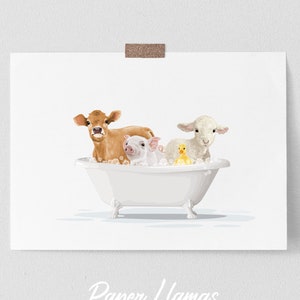 Farm Animals in a Bathtub - PRINTABLE -  cow, pig, duck and lamb taking a Bubble Bath, Farmhouse Art, Funny Bathroom Wall Art DIY Download