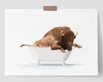 Fun bathroom art, Buffalo Bubble Bath - PRINTABLE -  Bison in a bathtub, Rustic Animal Art, Whimsical Bathroom Wall Art Instant Download