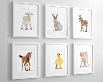 Farm animal nursery art, unframed set of six baby Animal Nursery Art Prints - gender neutral baby room