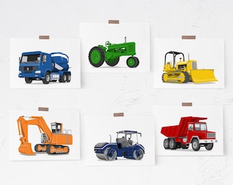 Construction truck wall art - Set of 6 custom color art prints - dump truck, excavator, bulldozer - Nursery art for boys