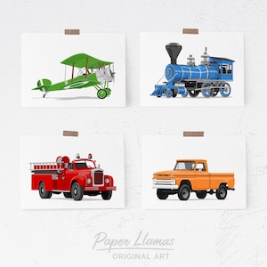 Children's classic minimalist transportation art - set of four unframed prints - car, fire truck, plane, train boys nursery art prints