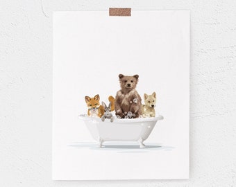 PRINTABLE Kid's Art for Bathroom Walls -  Fun Woodland Animal Bath Art - Bear, fox, wolf, bunny in a bathtub, Instant Download