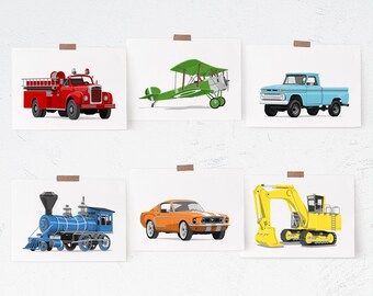 Baby boy nursery art, Transportaion set of six unframed art prints, car, truck airplane tractor boat nursery art for boys rooms