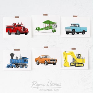 Baby boy nursery art, Transportaion set of six unframed art prints, car, truck airplane tractor boat nursery art for boys rooms Bright Primaries