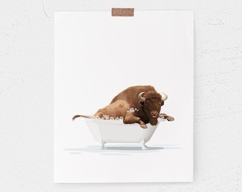 Fun bathroom art, Buffalo Bubble Bath - PRINTABLE -  Bison in a bathtub, Rustic Animal Art, Whimsical Bathroom Wall Art Instant Download