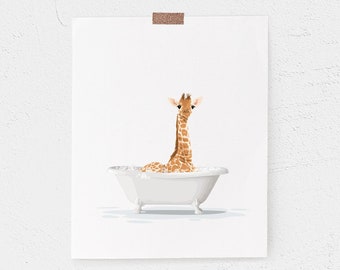 Giraffe Bathroom art - PRINTABLE -  Giraffe Bubble Bath, Sily Animal Art, Fun Whimsical Bathroom Wall Art for kids, Instant Download