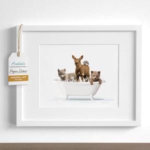 Woodland Animals in a Bathtub, moose, wolf, bear and hedgehog taking a Bath, Forest Animal Art, Funny Whimsical Bathroom Wall Art