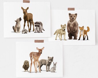 Baby woodland animal nursery art - set of 3 unframed shipped prints - mountain adventure children's art - Gender neutral baby room decor