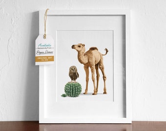 Baby camel nursery art print, boho desert cactus artwork - camel drawing for a natural neutral baby room