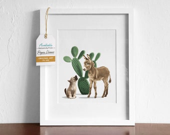 Baby donkey and coyote nursery art print, boho desert cactus artwork - natural neutral baby room decor