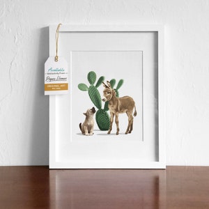 Baby donkey and coyote nursery art print, boho desert cactus artwork natural neutral baby room decor Portrait