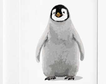 Baby penguin art print, black and white penguin nursery artwork - minimalist baby animal art