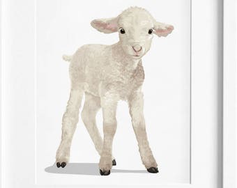 Baby lamb art print, baby lamb nursery artwork, baby animal art print - farm animal nursery illustration