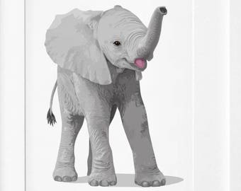 Elephant art print, Elephant nursery artwork, baby jungle animal print, safari childrens ilustration - simple modern nursery art