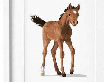 Baby horse art print, foal artwork, farm animal illustration for classic girl's nursery