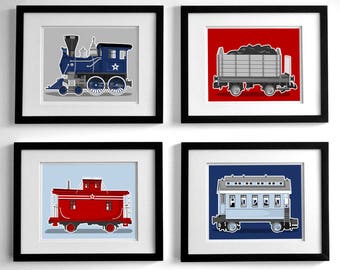 Retro railroad train nursery artwork - set of 4 printed unframed boy art prints - railway steam engine nursery art prints