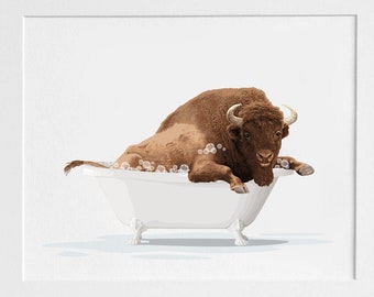 Buffalo in a Bathtub, Bison taking a Bath, Animal Art, Funny Whimsical Bathroom Wall Art
