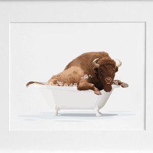 Buffalo in a Bathtub, Bison taking a Bath, Animal Art, Funny Whimsical Bathroom Wall Art
