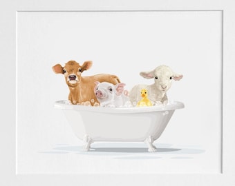 Farm Animals in a Bathtub, cow, pig duck and lamb taking a Bath, Farmhouse Animal Art, Funny Whimsical Bathroom Wall Art