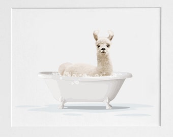 Farm Animals in a Bathtub, Llama taking a Bubble Bath, Farmhouse Animal Art, Funny Whimsical Bathroom Wall Art
