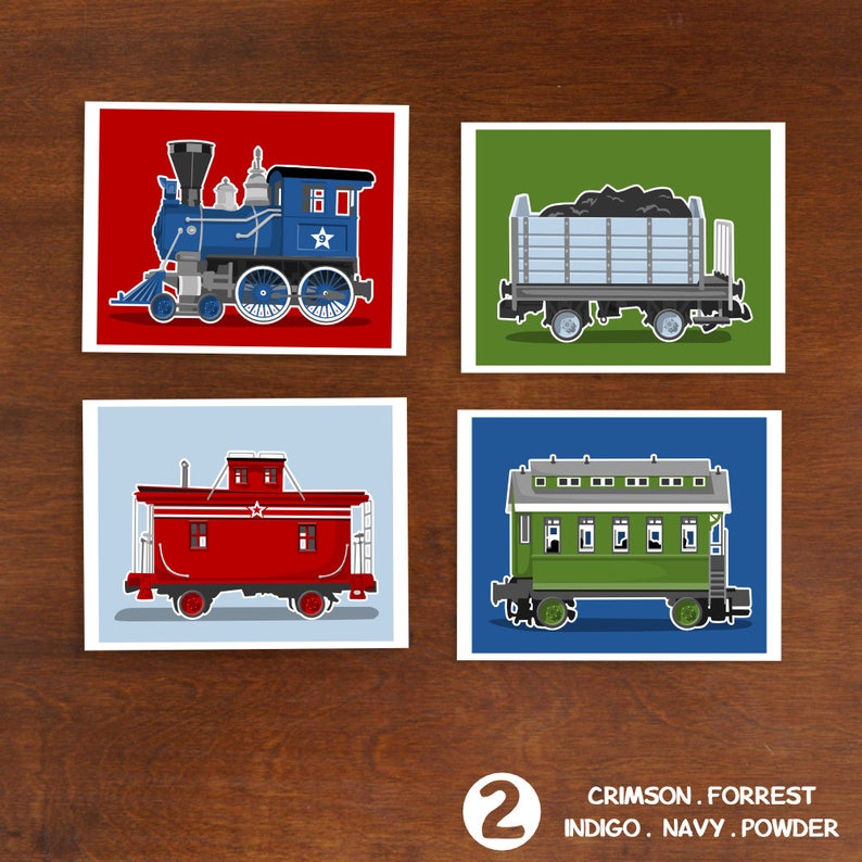 Retro railroad train nursery artwork set of 4 printed unframed boy art prints railway steam engine nursery art prints Display 2