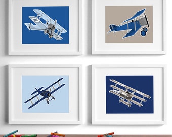 airplane nursery art for boys, airplane nursery decor - set of 4 vintage children's art, baby boy nursery art - childrens art