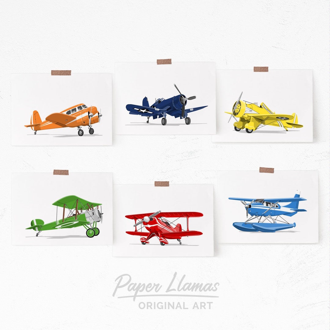 Airplane Nursery Art - Set of Six Unframed Art Prints - Vintage Plane ...