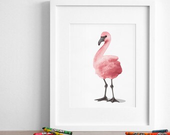 Baby flamingo nursery art print, tropical animal artwork, pink baby girl room - baby animal wall art print